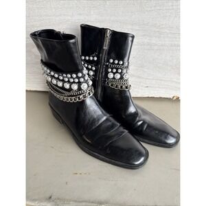 Zara Women's black flat ankle boots  decorative pearl beads Silver Chains Sz9/37